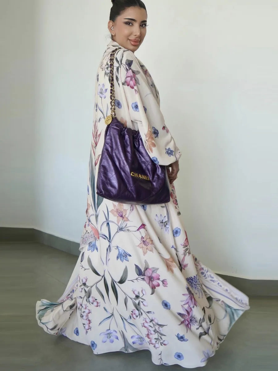 Muslim Women Dubai Abaya Luxury Floral Print Kimono Cardigan Hijab Long Dress Kaftan Ramadan Robe Femme Islam Clothing Kebaya