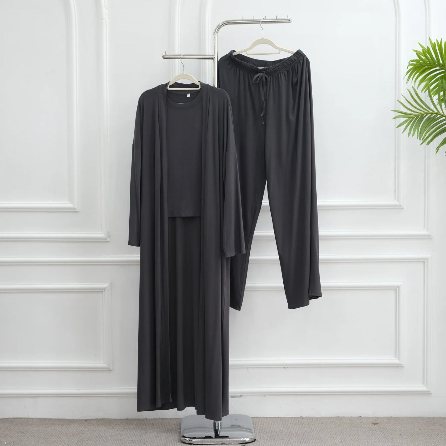 Muslim 3 Piece Set Women Cardigan Shirt Wide Leg Pant Blouse Top Suit Musulman Ensemble Dubai Casual Femme Outfits Solid Casual