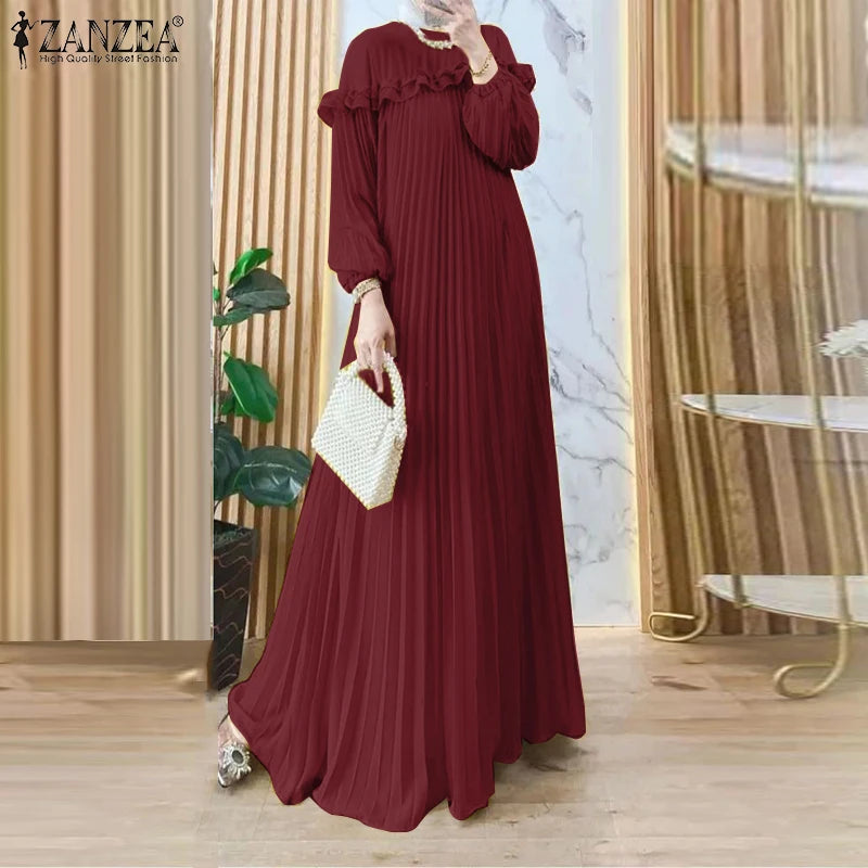 ZANZEA Elegant Hijab O Neck Maxi Dress Pleated Women Solid Muslim Islamic Abaya Robe Lantern Sleeve Casual Ruffles Vestidos