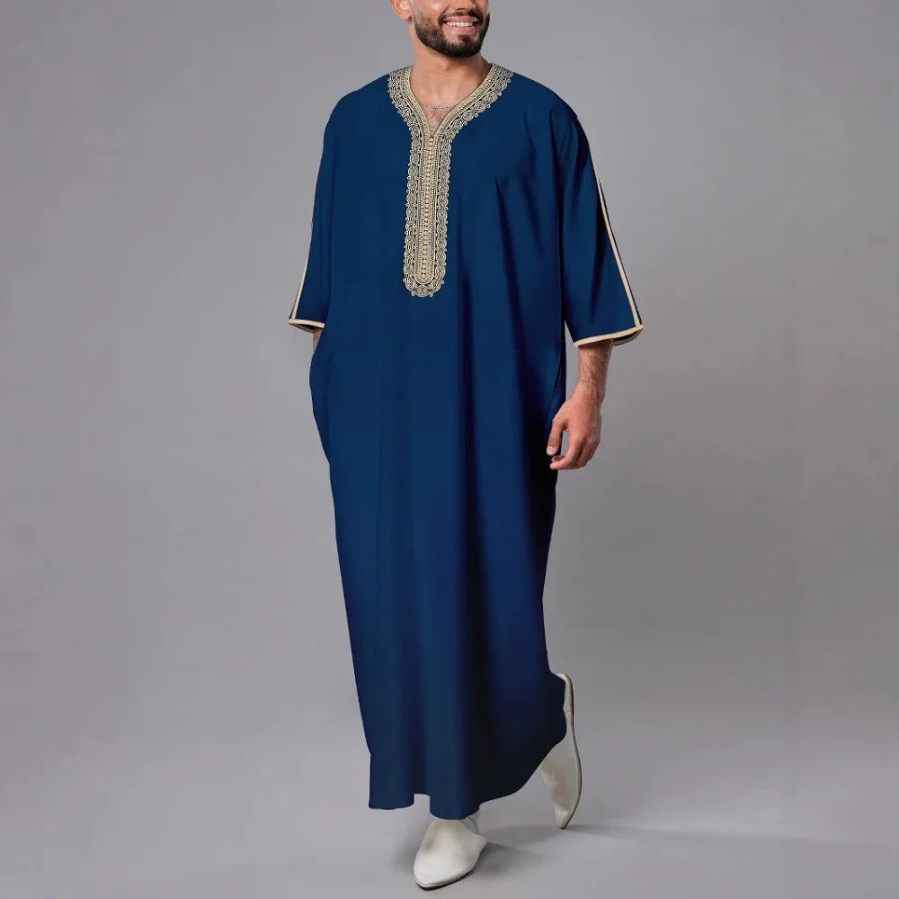 Men's Moroccan Style Thobe - 3/4 Sleeve Arabic Robe with Side Pockets, Ethnic Middle Eastern Loose Fit Muslim Wear