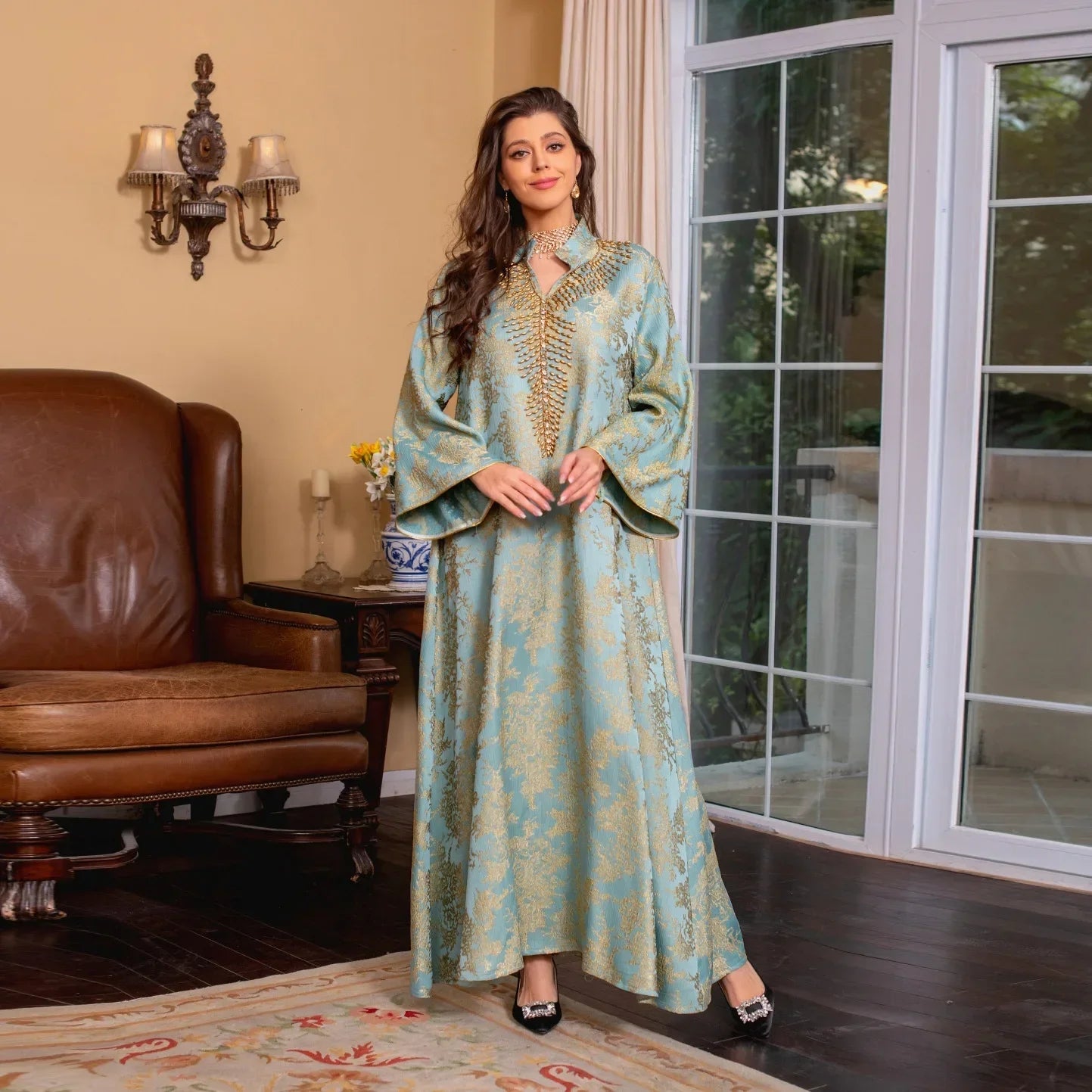 Eid Muslim Dress for Women Abaya Beading Stand Collar Jalabiya Morocco Party Dresses Abayas Kaftan Abaya Vestidos Arab Long Robe
