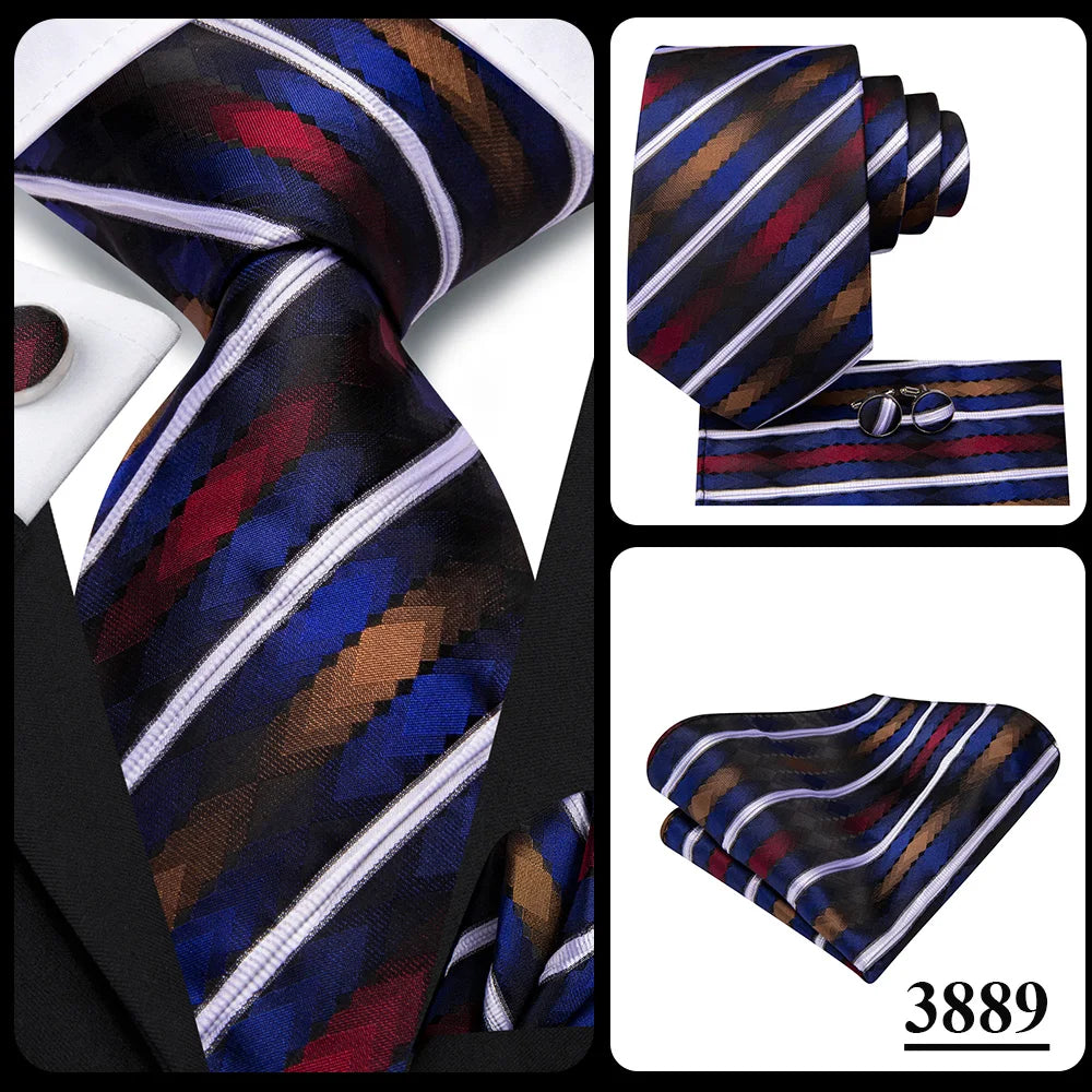 Hi-Tie Men Fashion Striped Navy Blue Necktie Handkerchief Cufflinks for Tuxedo Accessory Classic Silk Luxury Tie for Man Gift