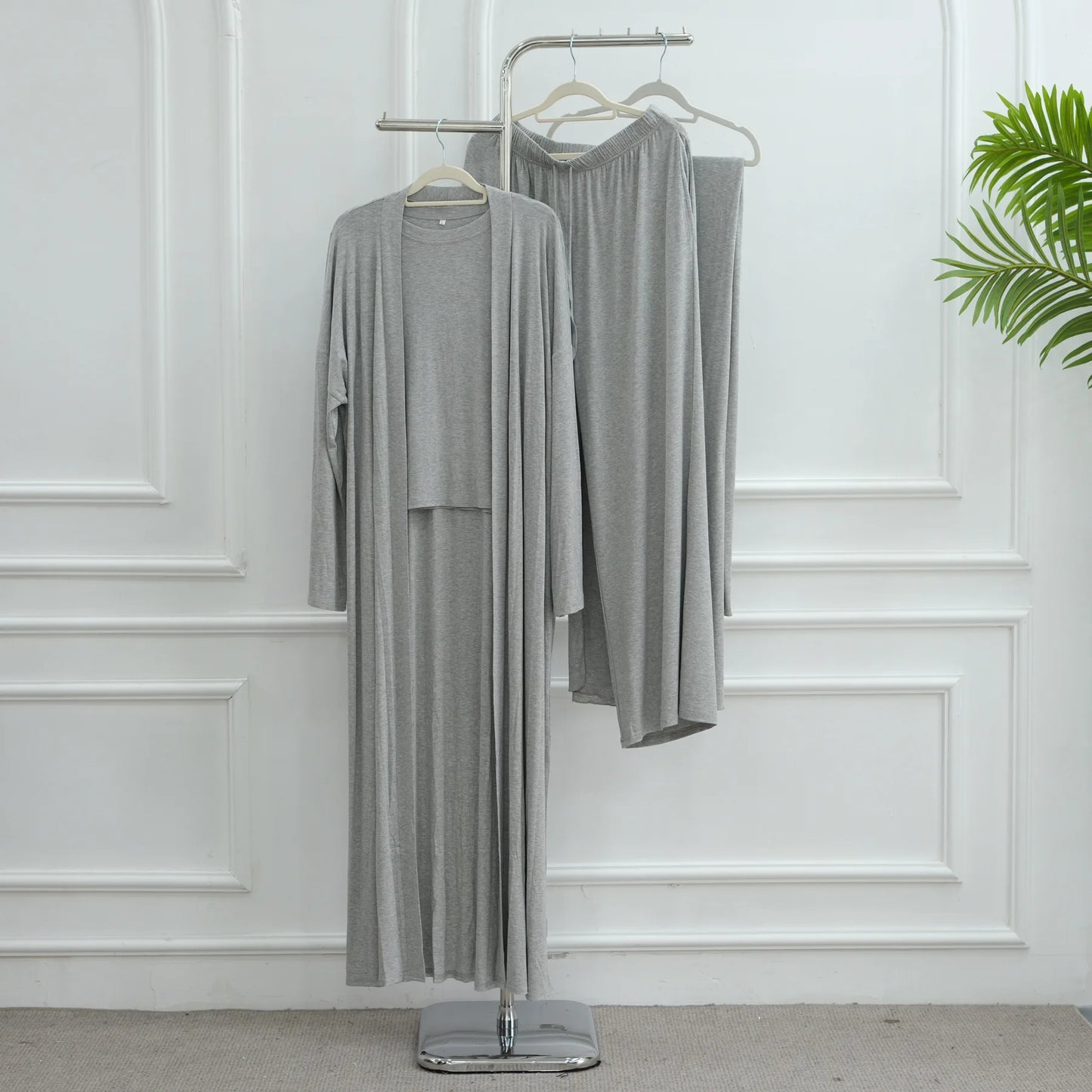 Muslim 3 Piece Set Women Cardigan Shirt Wide Leg Pant Blouse Top Suit Musulman Ensemble Dubai Casual Femme Outfits Solid Casual