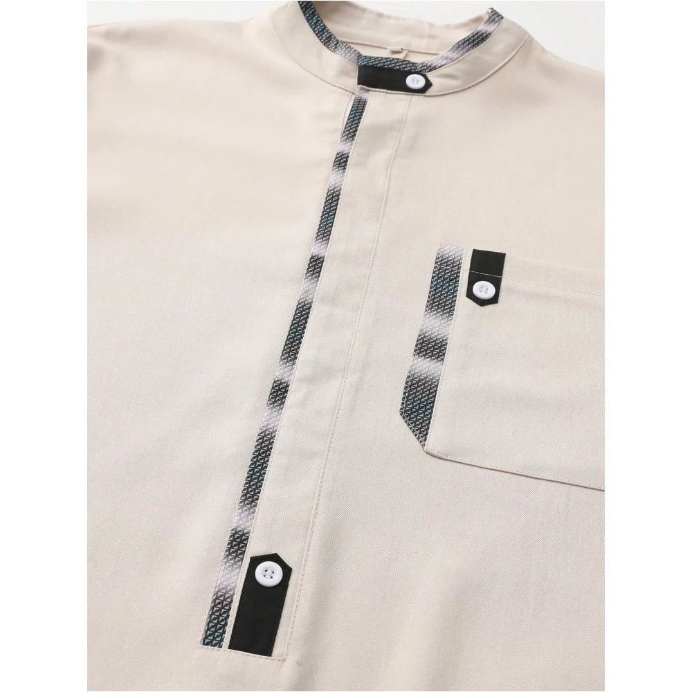 New Muslim Men's Robe Light Grey Elegant Retro Middle Eastern Ethnic Style Printed Button Men's Robe Simple Loose Casual Robe