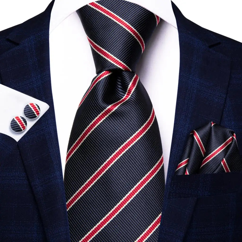 Hi-Tie Men Fashion Striped Navy Blue Necktie Handkerchief Cufflinks for Tuxedo Accessory Classic Silk Luxury Tie for Man Gift