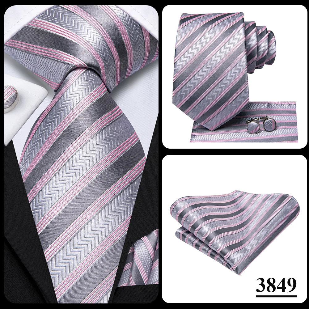 Hi-Tie Men Fashion Striped Navy Blue Necktie Handkerchief Cufflinks for Tuxedo Accessory Classic Silk Luxury Tie for Man Gift