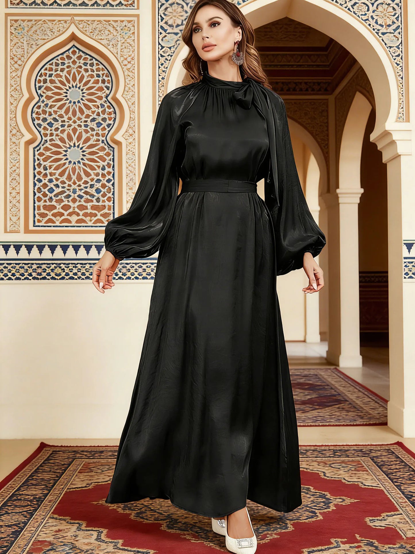 Elegant Tie Neck Abaya Belted Lantern Sleeve Maxi Dress Women Muslim Moroccan Kaftan Ramadan Jalabiya Islam Dubai Arabic Robes