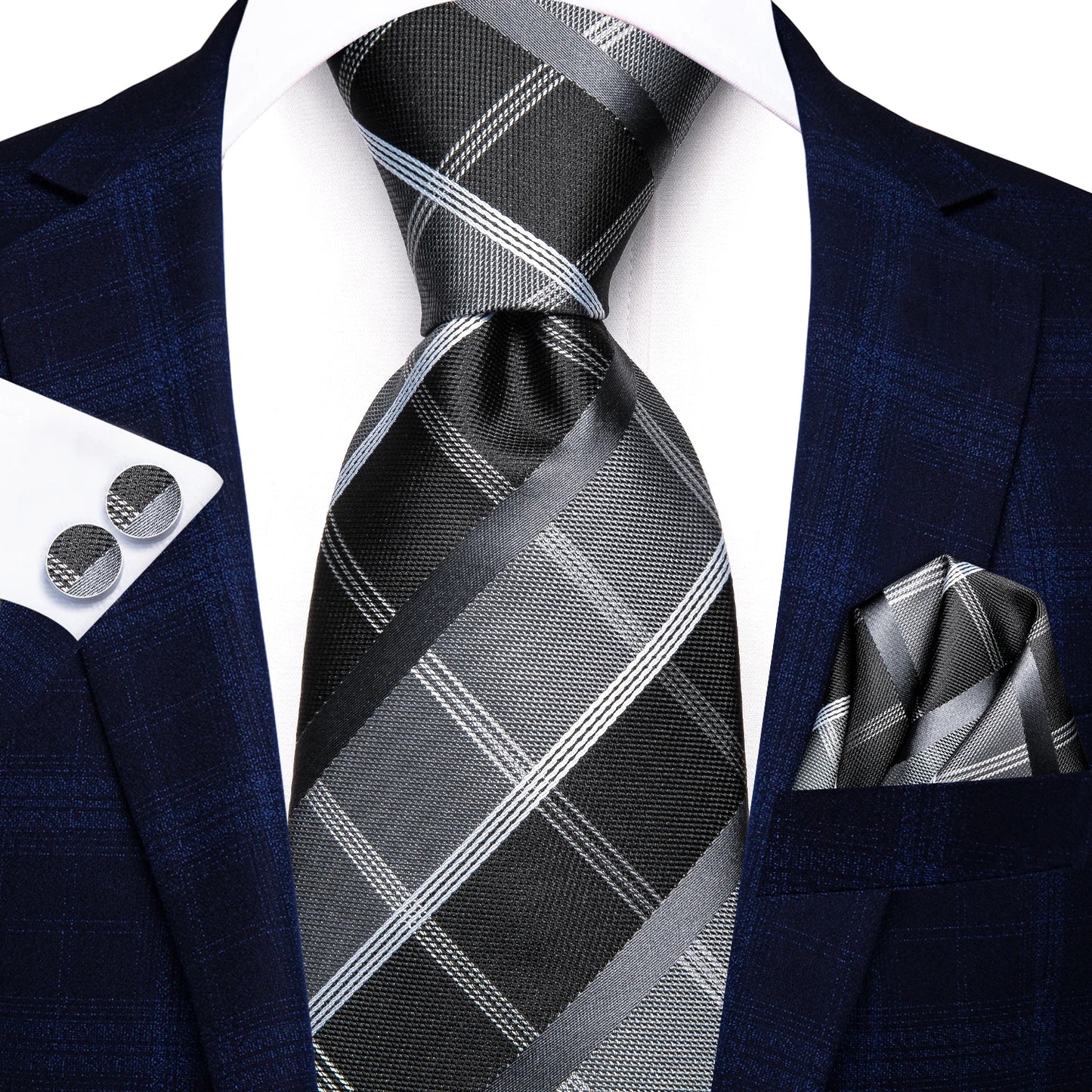 Hi-Tie Fashion 8.5cm Black Plaid Dots Men's Elegant Tie Handkerchief Cufflinks Set Wedding Party Accessories Gift for Men Gravat