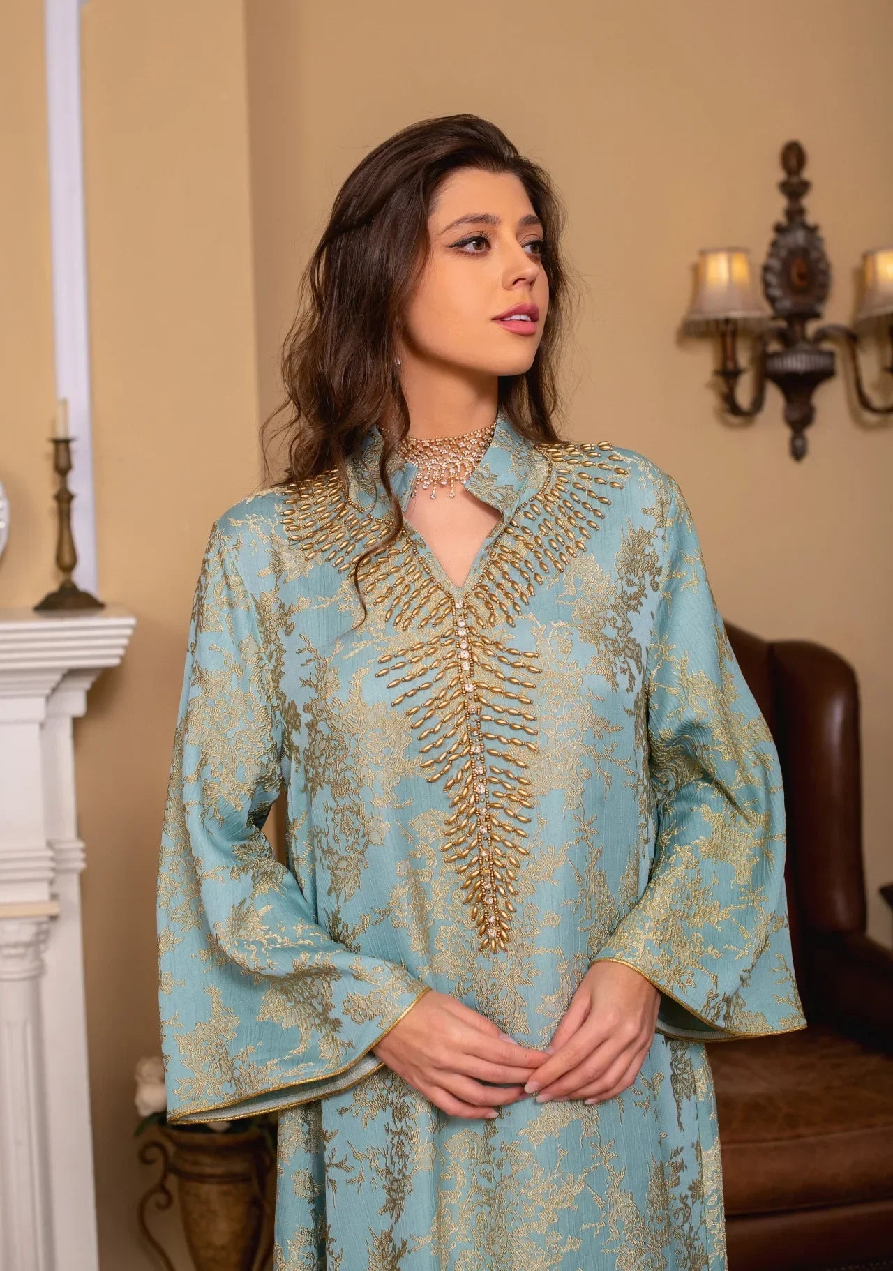 Eid Muslim Dress for Women Abaya Beading Stand Collar Jalabiya Morocco Party Dresses Abayas Kaftan Abaya Vestidos Arab Long Robe