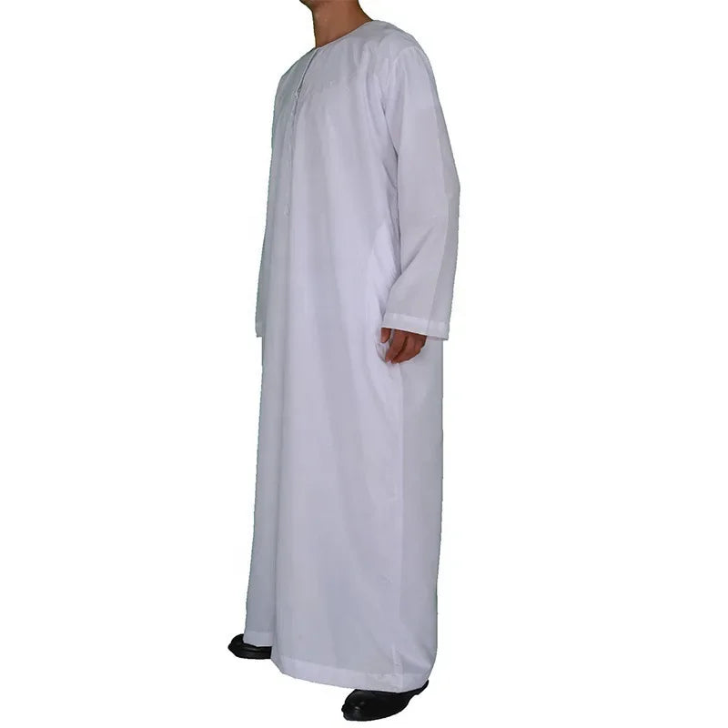 2024 Men's New Muslim Abaya Casual Middle Eastern Round Neck Robe + White Headscarf + Headband Islamic Robe Clothing