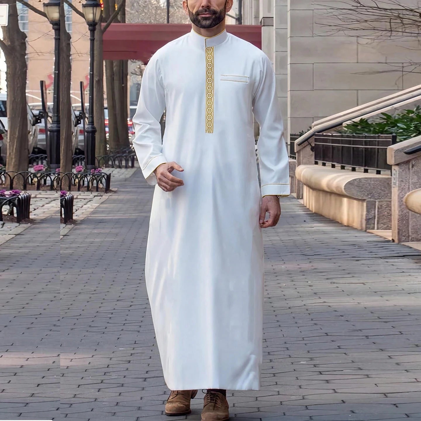 New Muslim Men's Thobe Embroidery Splicing Moroccan Luxury Elegant Robe Kandora Men's Burqa Islamic Loose Traditional Clothing