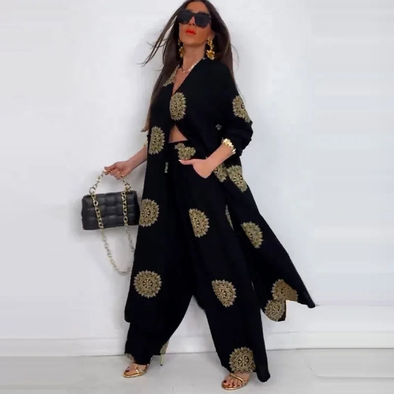 Long Coat 2 Piece Set Women Print Cardigan Wide Leg Pants Suit Ramadan Muslim Morocco Ensemble Dubai Islam Casual Arabic Outfits
