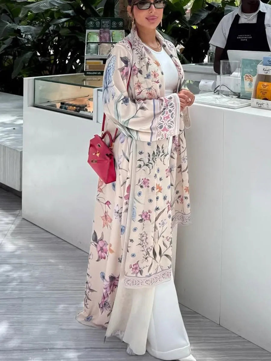 Muslim Women Dubai Abaya Luxury Floral Print Kimono Cardigan Hijab Long Dress Kaftan Ramadan Robe Femme Islam Clothing Kebaya