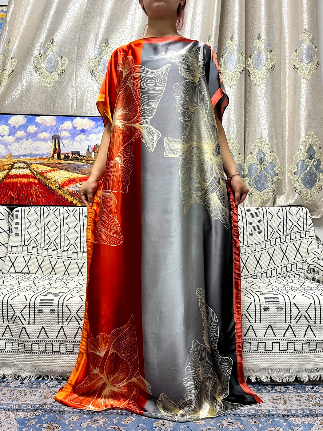 Abayas For Women 2023 Printed Silk Soft Loose Femme Robe Muslim Summer Fashion Clothing African Islam Woman Dresses With Turban
