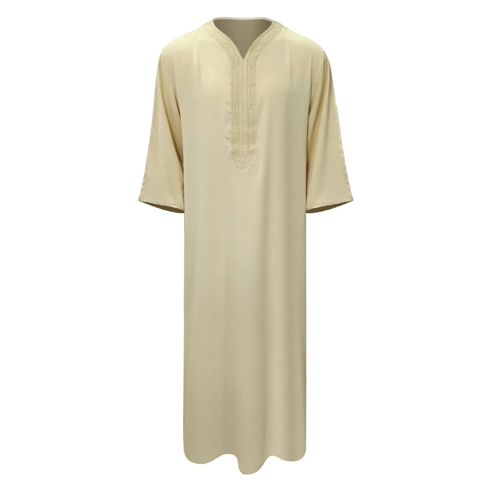 Men's Moroccan Style Thobe - 3/4 Sleeve Arabic Robe with Side Pockets, Ethnic Middle Eastern Loose Fit Muslim Wear