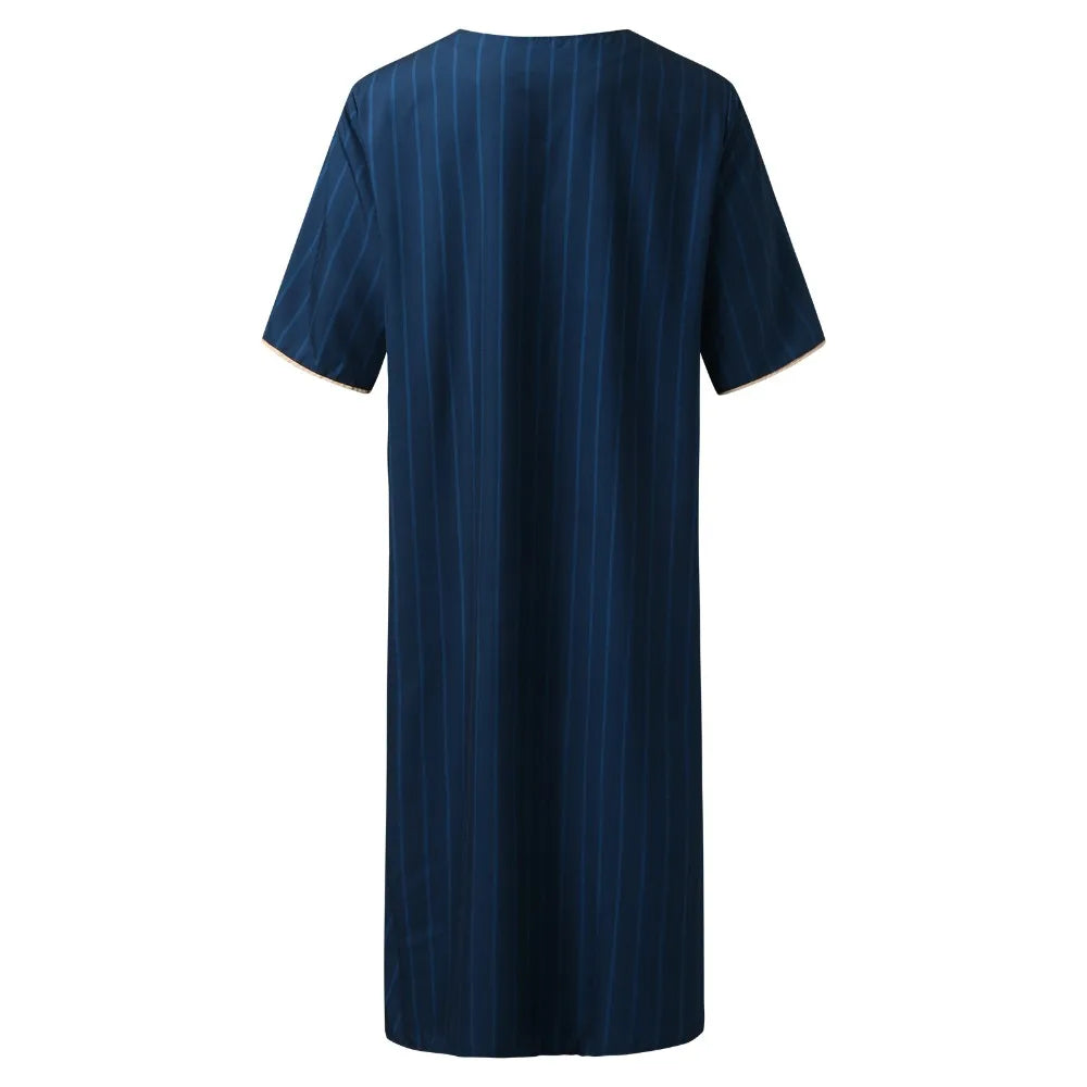 Men's Arabian Thobe - Summer V-Neck Short Sleeve Robe, Loose Fit Muslim Islamic Clothing for Casual Wear