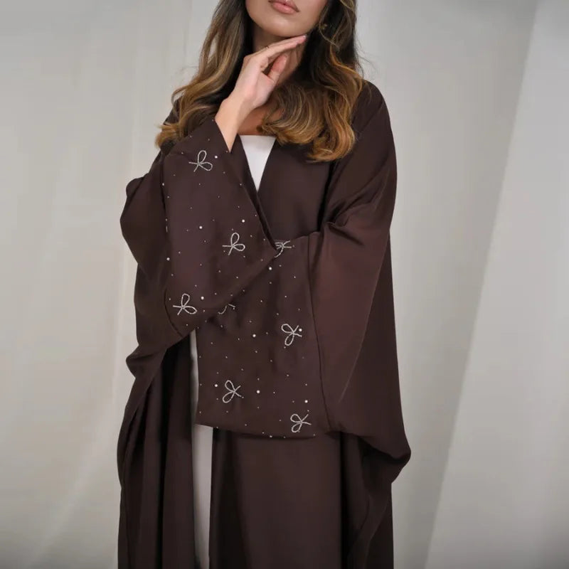 Luxury Dubai Abaya with Beaded Bow Modest Dress for Muslim Women Elegant Open Front Cover Cardigan Fashion Plain Turkey Outfit
