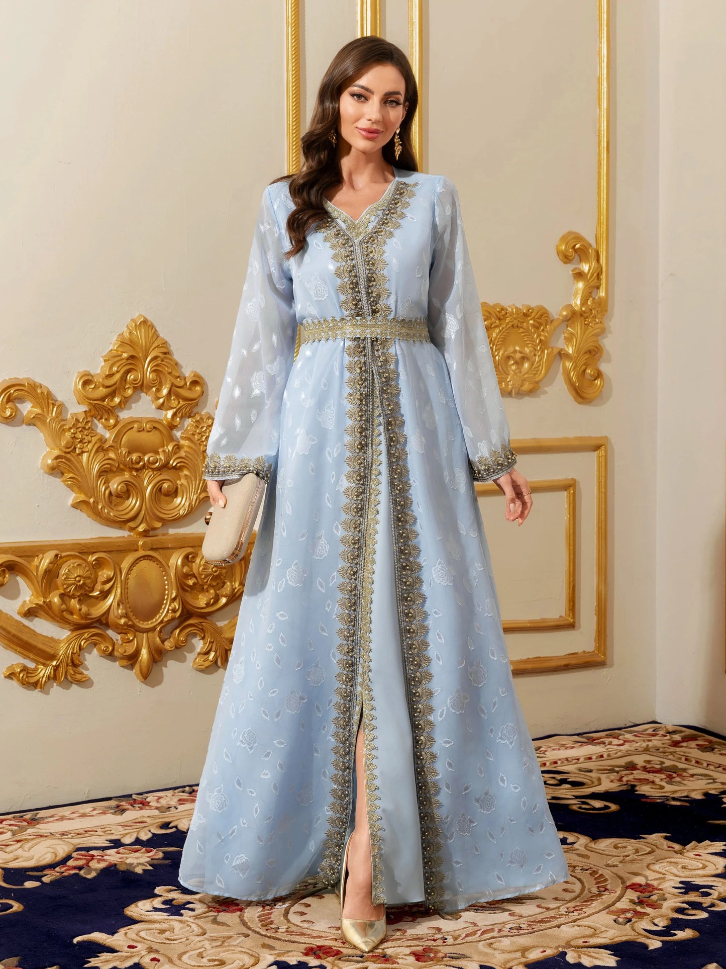 Muslim Abayas Moroccan Floral Maxi Kaftan Dress for Women Arabic Islamic Dubai Robe Ramadan Prayer Clothing