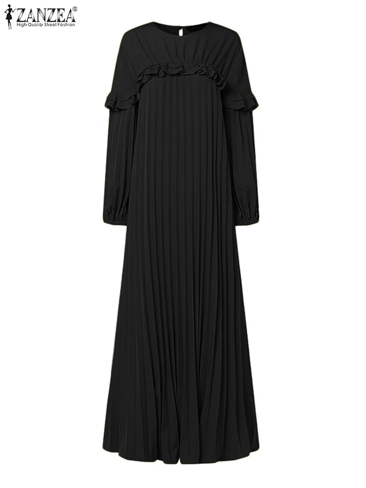 ZANZEA Elegant Hijab O Neck Maxi Dress Pleated Women Solid Muslim Islamic Abaya Robe Lantern Sleeve Casual Ruffles Vestidos