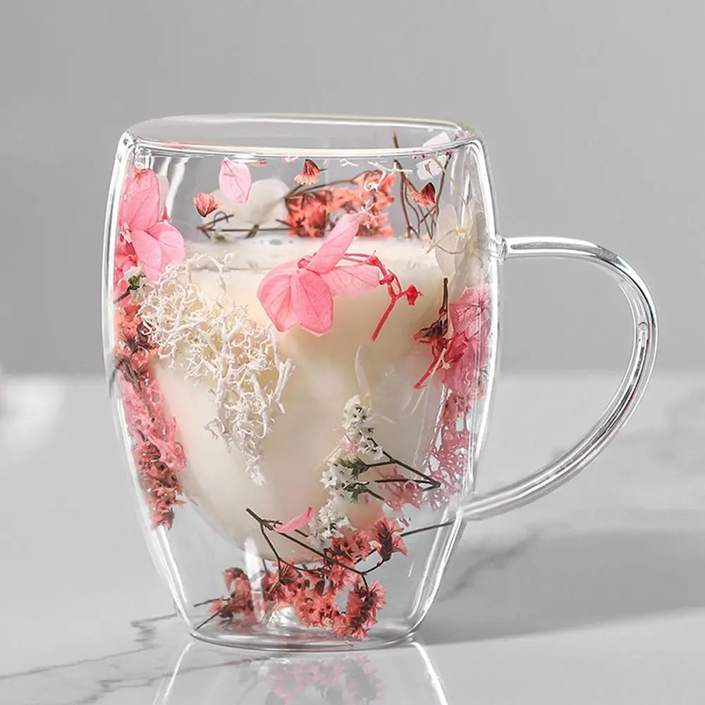 Dried Flowers Double Walled Coffee Mug 350ml Dried Flowers Glass Mugs Unique Creative Flower Mug with Handle Anti-Scalding Mug