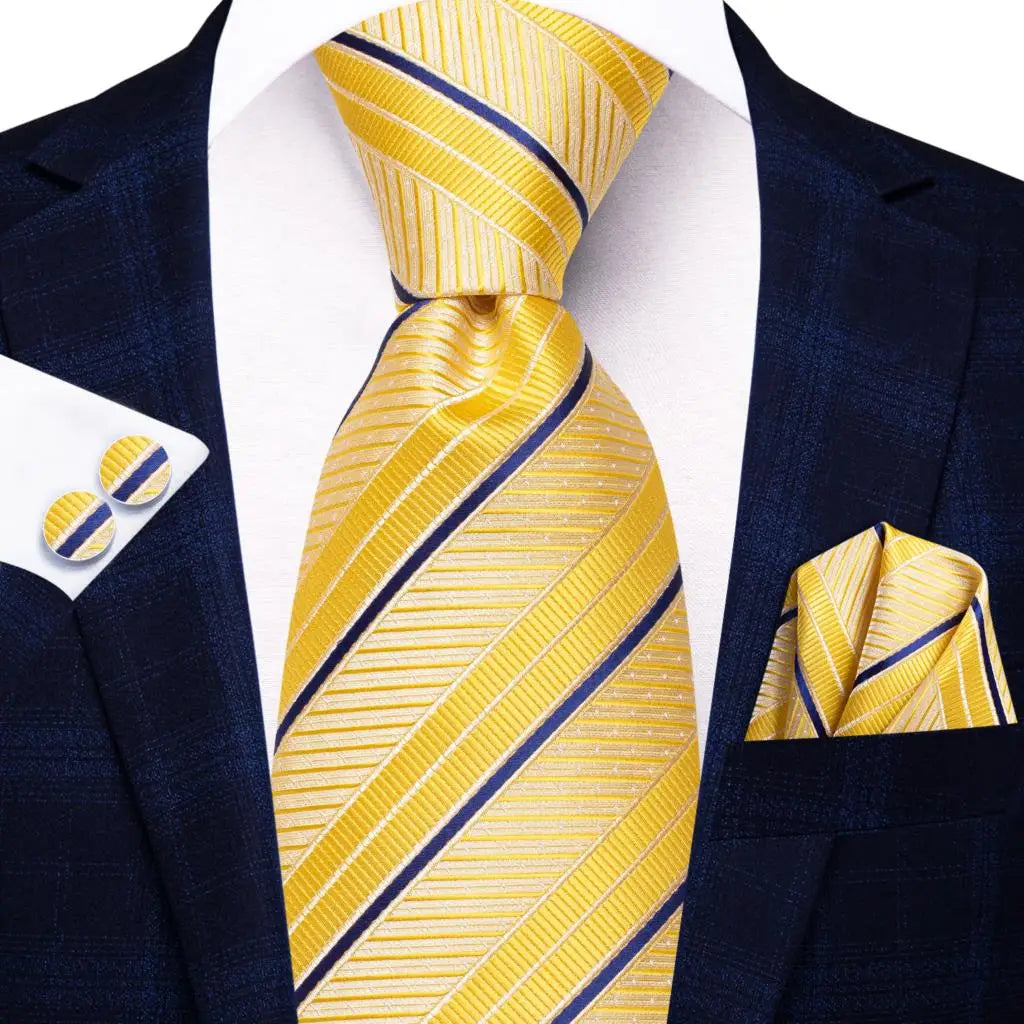 Hi-Tie Men Fashion Striped Navy Blue Necktie Handkerchief Cufflinks for Tuxedo Accessory Classic Silk Luxury Tie for Man Gift