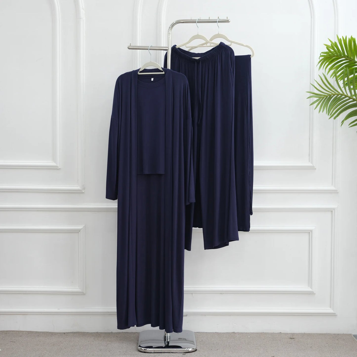Muslim 3 Piece Set Women Cardigan Shirt Wide Leg Pant Blouse Top Suit Musulman Ensemble Dubai Casual Femme Outfits Solid Casual