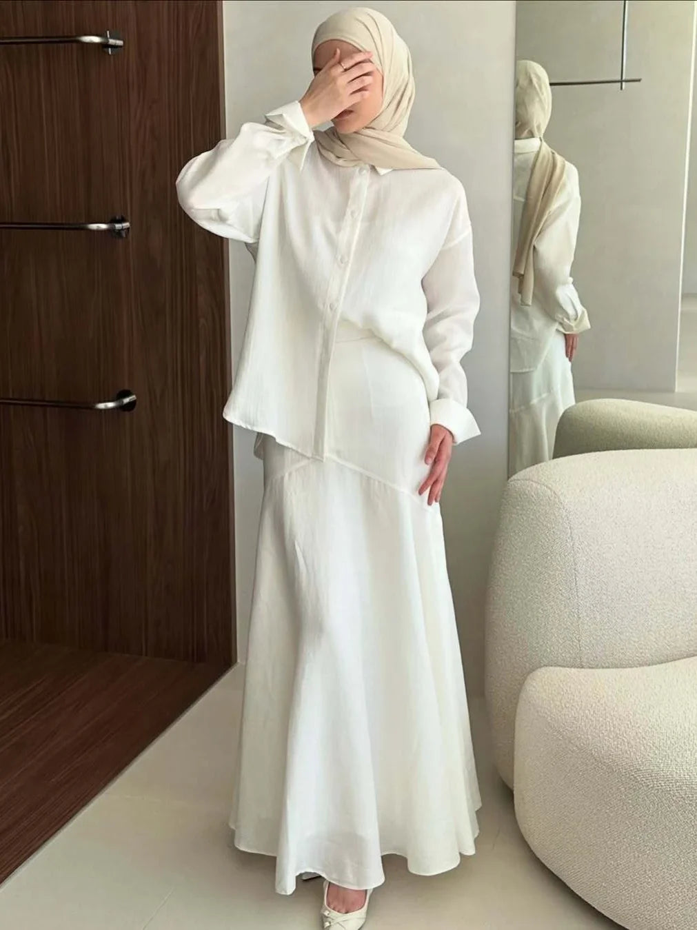 Eid Muslim Set Women Top Shirt Skirt 2 Piece Set Blouse Single Breaterd Solid Skirts Suits Arabic Dubai Musulman Ensembles 2025