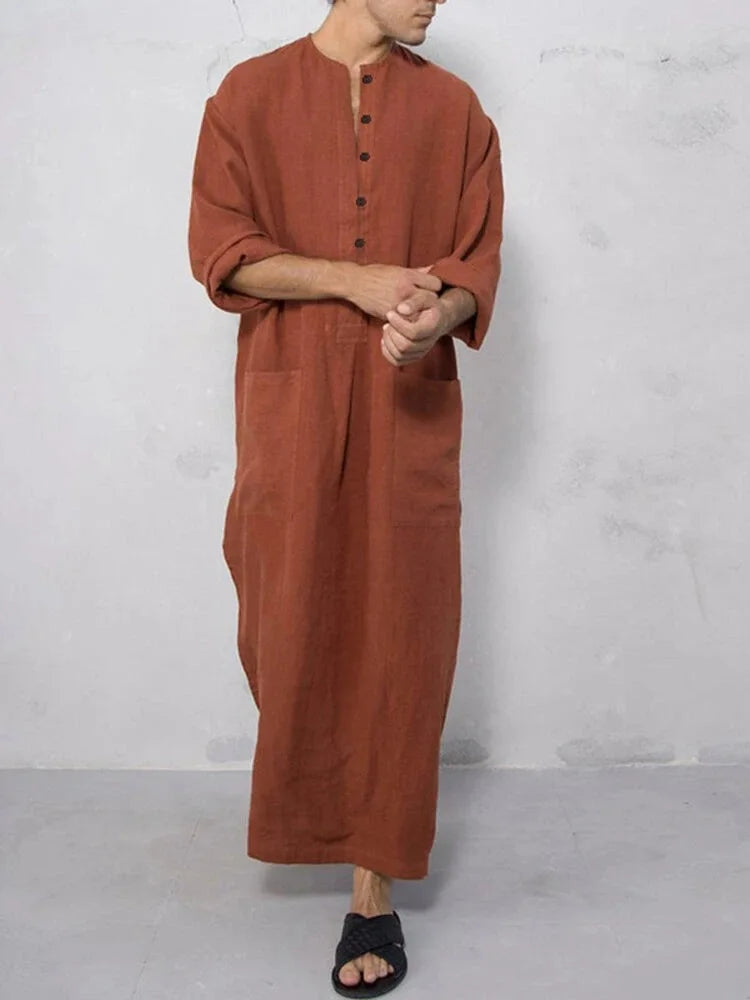 New Arrival Button Muslim Jubba Thobe For Men Islam Kaftan Abaya Pakistan Saudi Arabia Djellaba Long Sleeve Loose Dress MY950