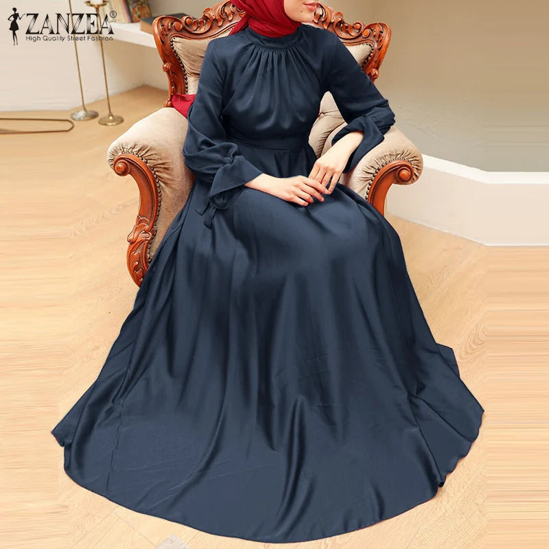 Elegant Muslim Dress Abaya Women Long Dress 2025 ZANZEA Long Sleeve Satin Party Sundress Robe Femme Turkey Hijab Vestidos Kaftan