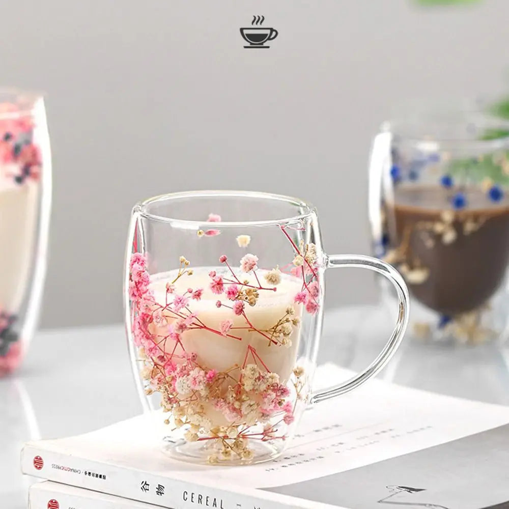 Creative 350ml Dried Flowers Glass Mugs Heat Resistant Gypsophila Double Wall Glass Cup with Handle Coffee Mug Home&Office