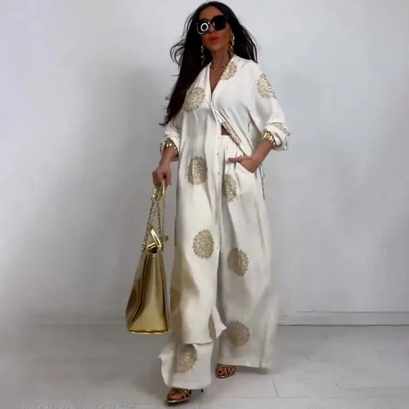 Long Coat 2 Piece Set Women Print Cardigan Wide Leg Pants Suit Ramadan Muslim Morocco Ensemble Dubai Islam Casual Arabic Outfits