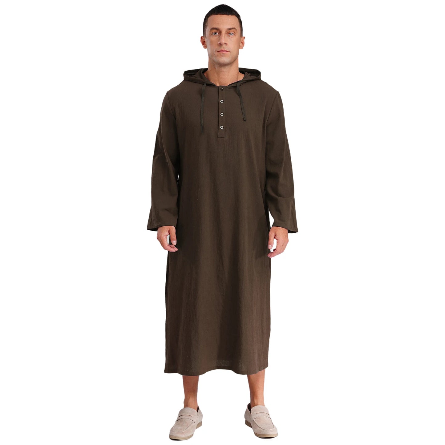 Mens Jubba Thobes Linen Muslim Robe Hooded with Pockets Middle East Islam Arabic Moroccan Kaftan Eid Prayer Long Robe Dress