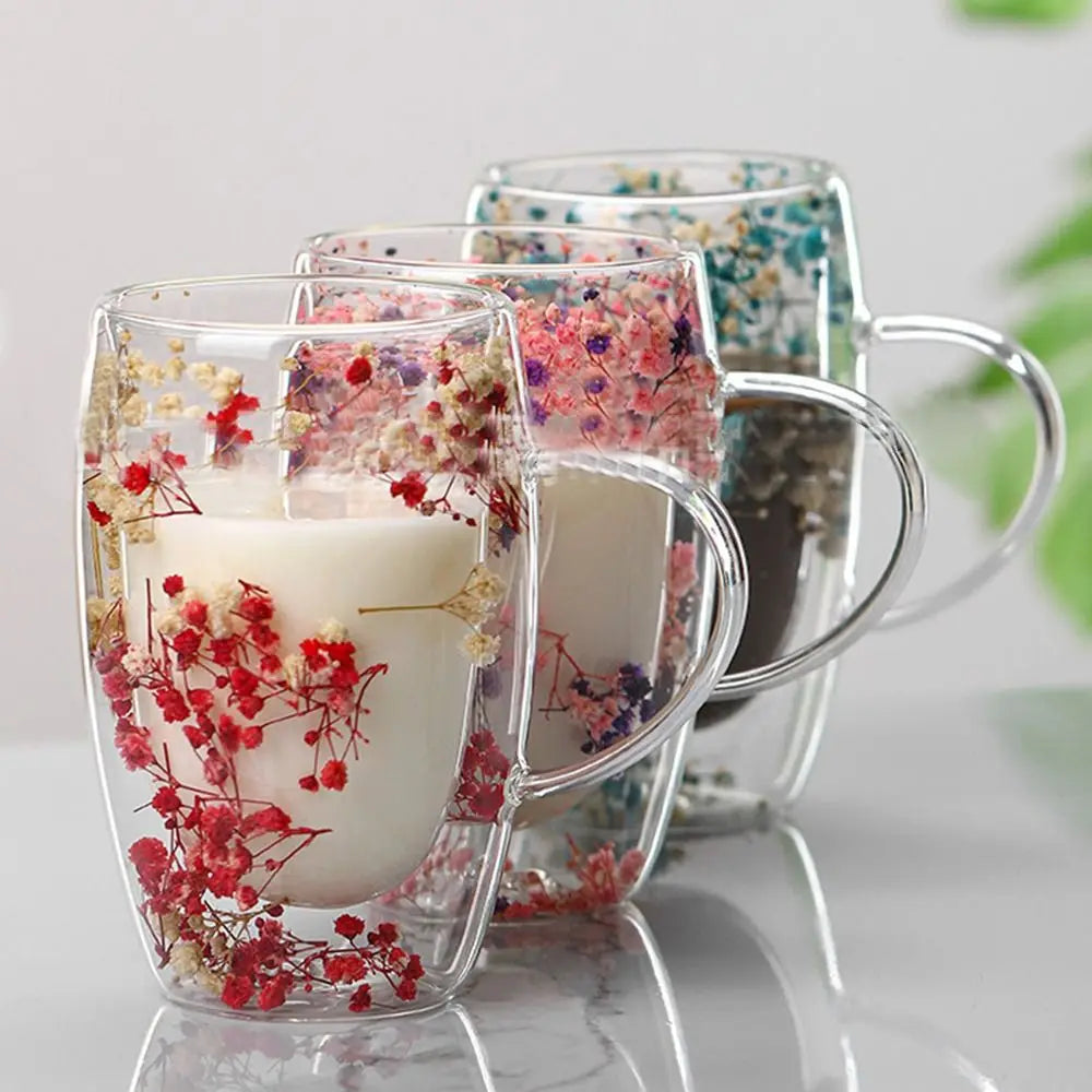 Elegant Full Sky Star Double Layer Glass Cup with Handle 350ml Dried Flowers Glass Mugs Heat Resistant  Coffee Mug Flower Cup
