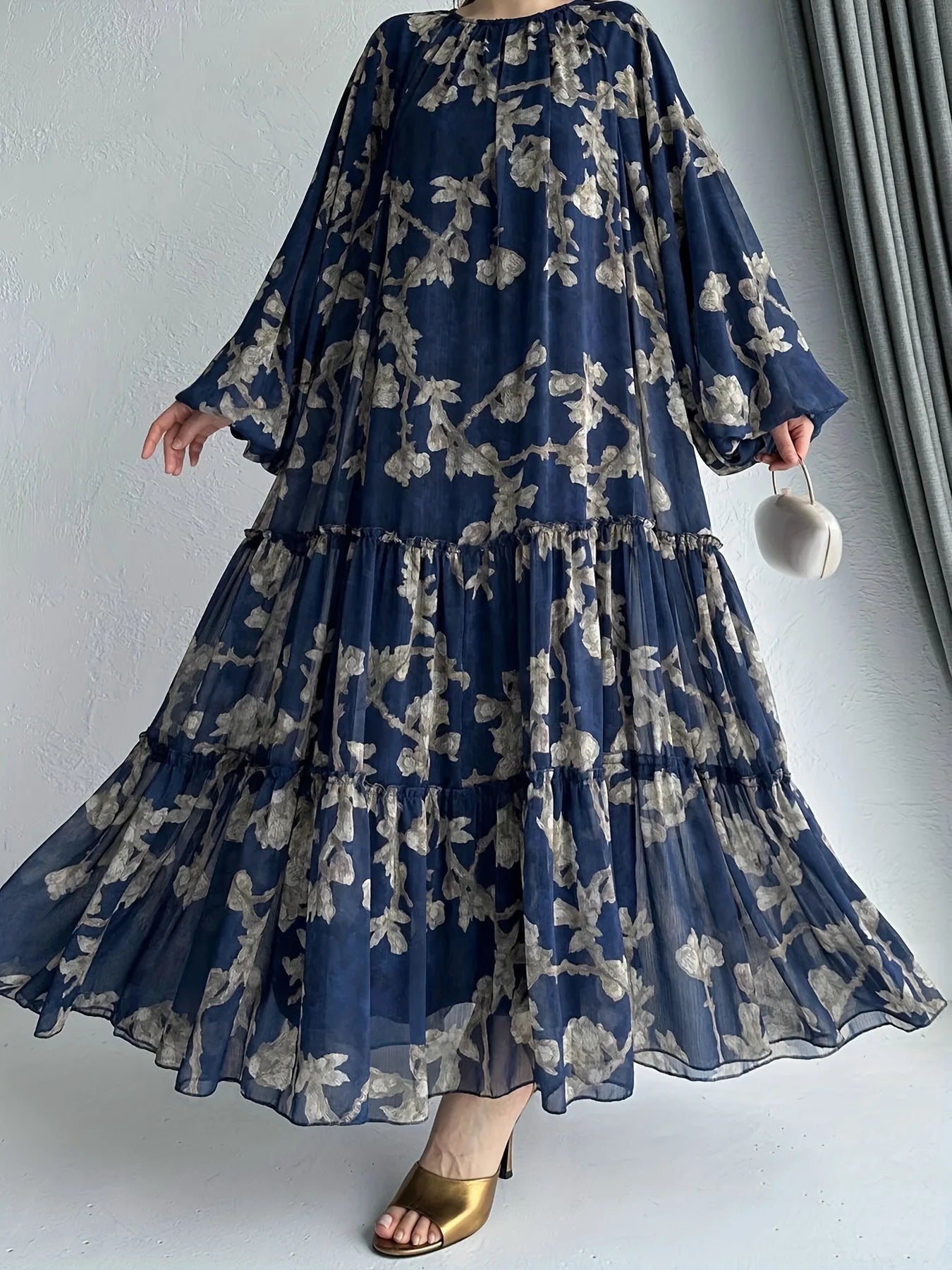 Eid Chiffon Women Dress Abaya Flower Print Muslim Vestidos Largo Dubai Kaftan Arab Long Robe Ramadan Morocco Dresses Jalabiya
