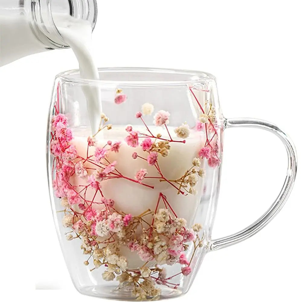 Elegant 350ml Flow Dried Flowers Glass Mugs Gypsophila with Handle Double Wall Glass Cup Heat Resistant Flower Cup Home&Office