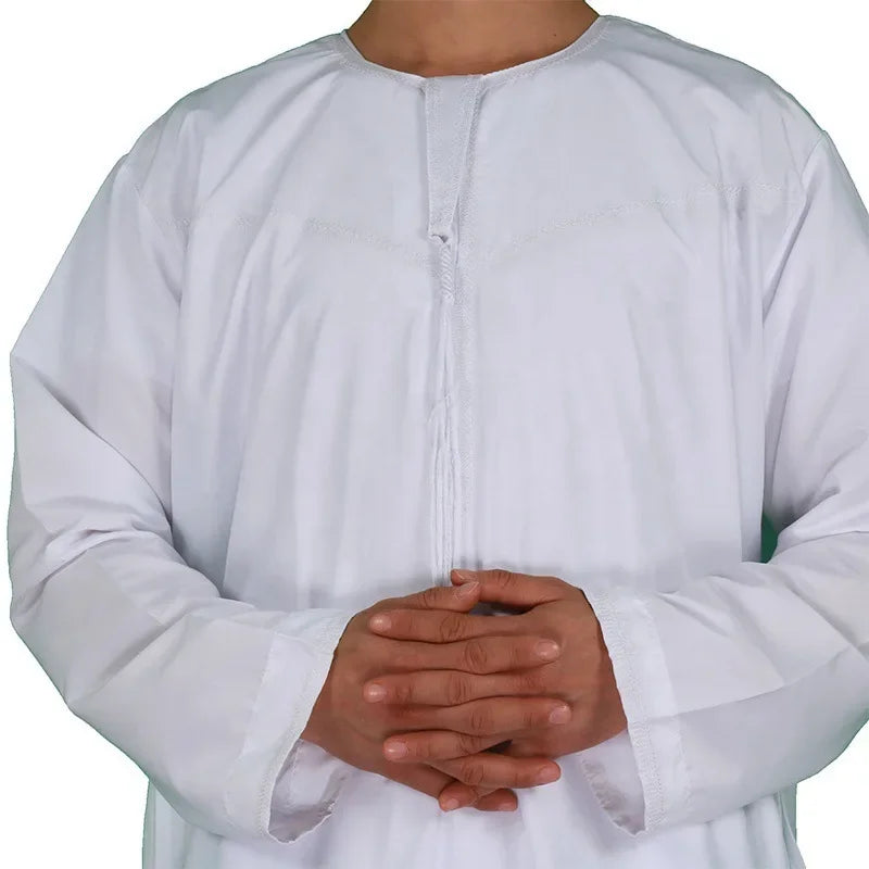2024 Men's New Muslim Abaya Casual Middle Eastern Round Neck Robe + White Headscarf + Headband Islamic Robe Clothing