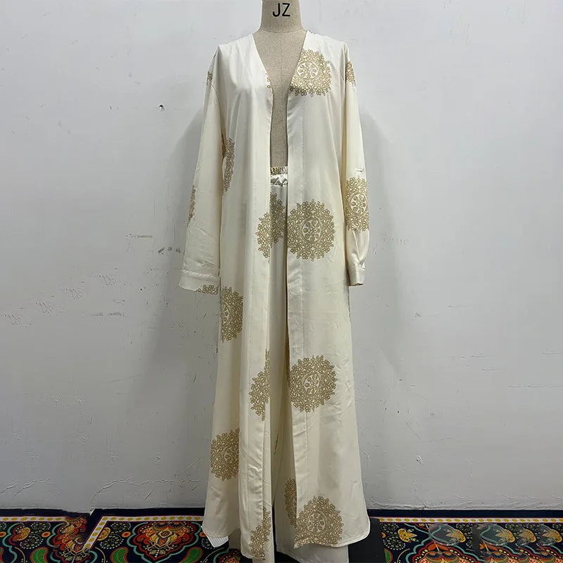 Long Coat 2 Piece Set Women Print Cardigan Wide Leg Pants Suit Ramadan Muslim Morocco Ensemble Dubai Islam Casual Arabic Outfits