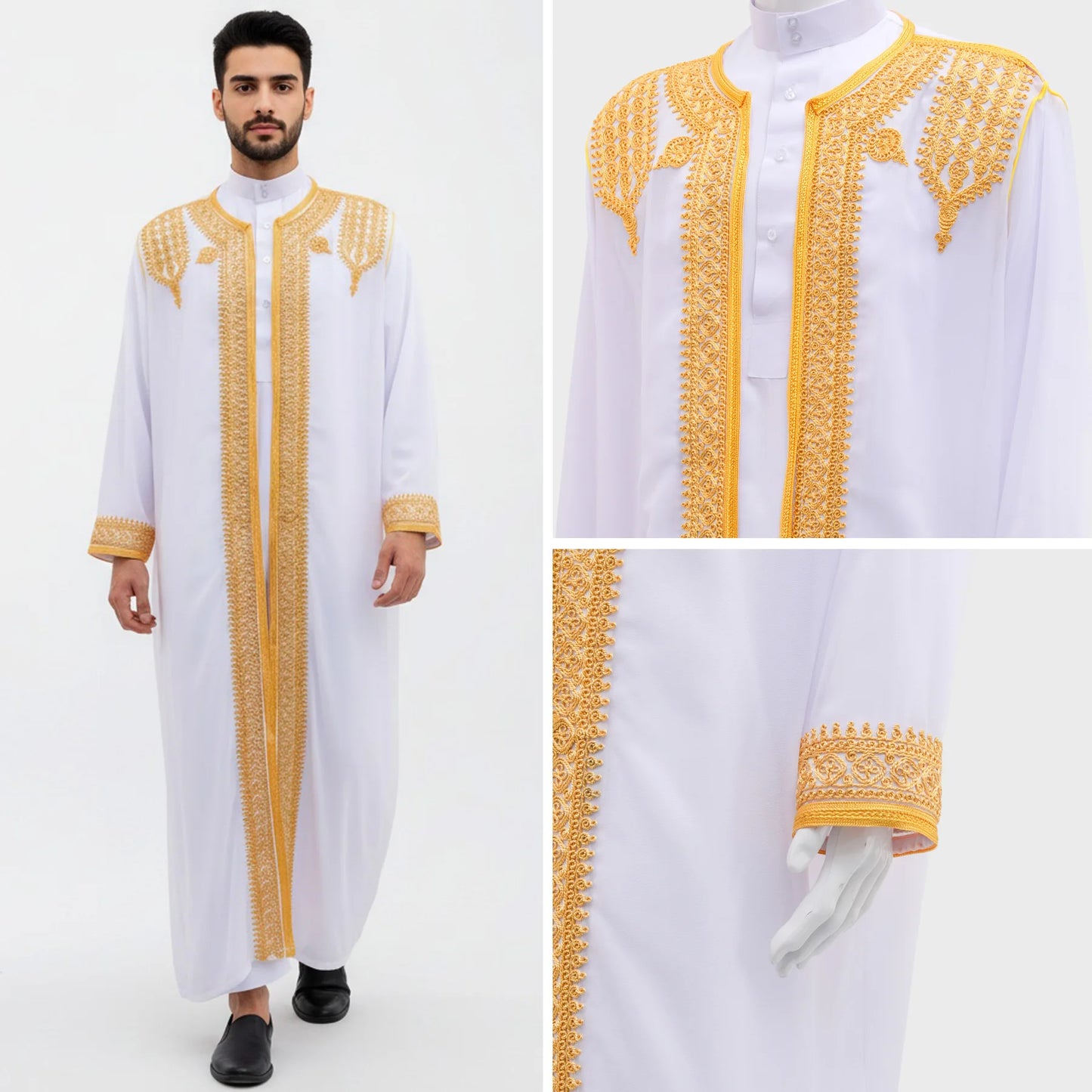Middle Eastern Traditional Arabic Men's Robe Embroidered Thobe Thoub Dishdasha Jubba Eid Djellaba Open Kimono Abaya Saudi Robes