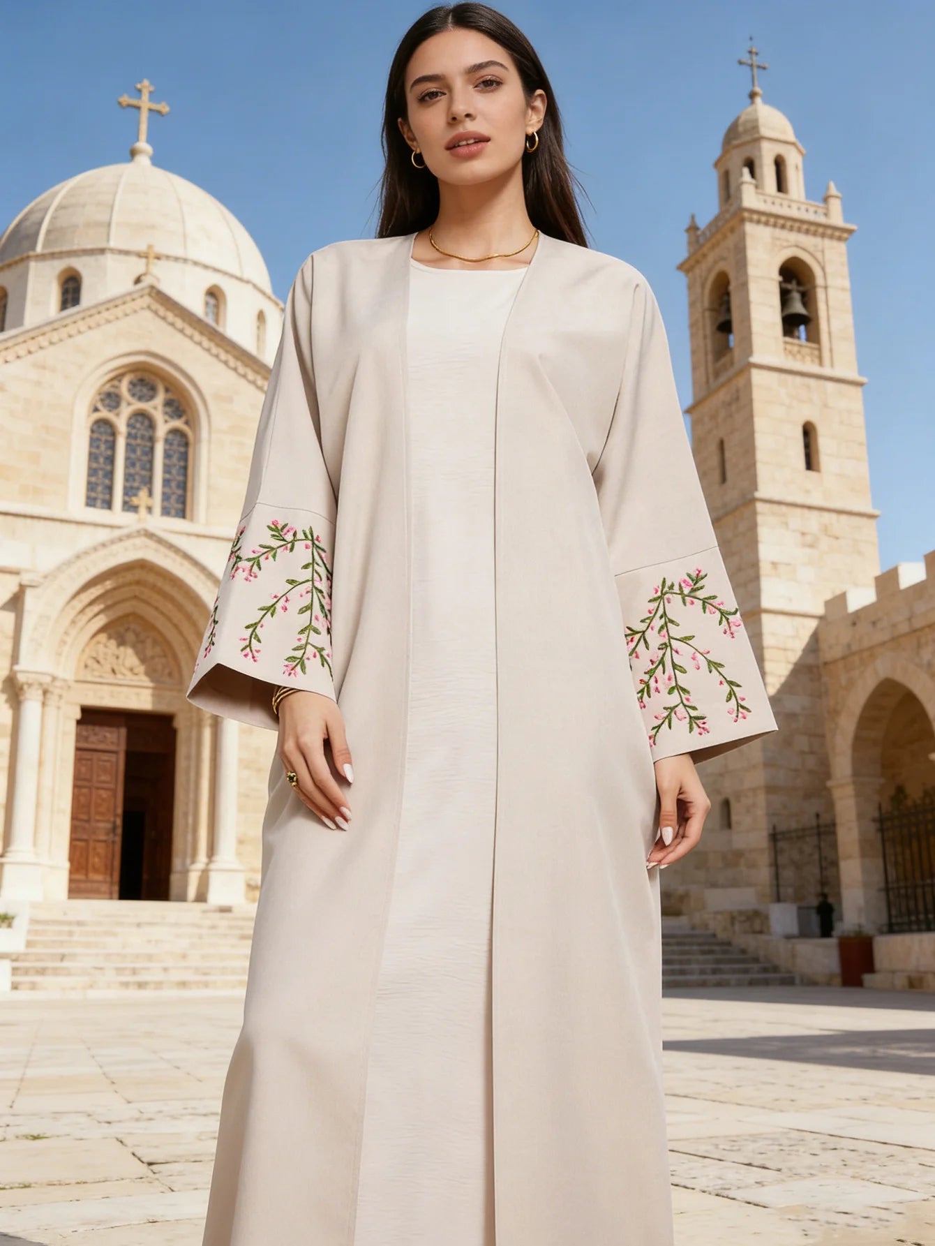 EID Ramadan Floral Embroidery Abaya Modest Clothing Dubai Abaya Turkey Linen Kimono Islamic Clothing