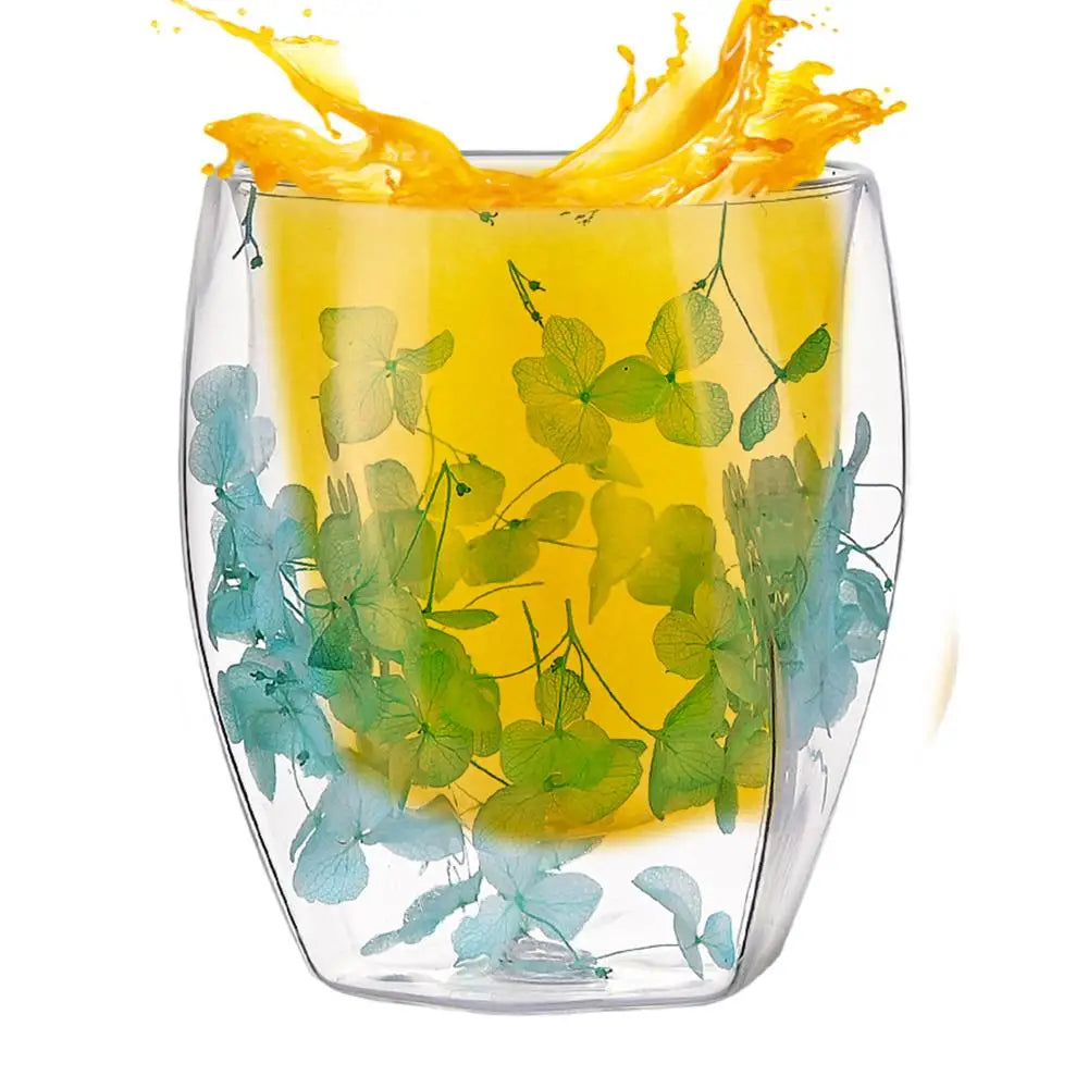 Dried Flower Double Wall Clear Glass Coffee Mugs Dried Flower Decorated Coffee Cup Milk Mug Heat Insulation Coffee Cup 350ml