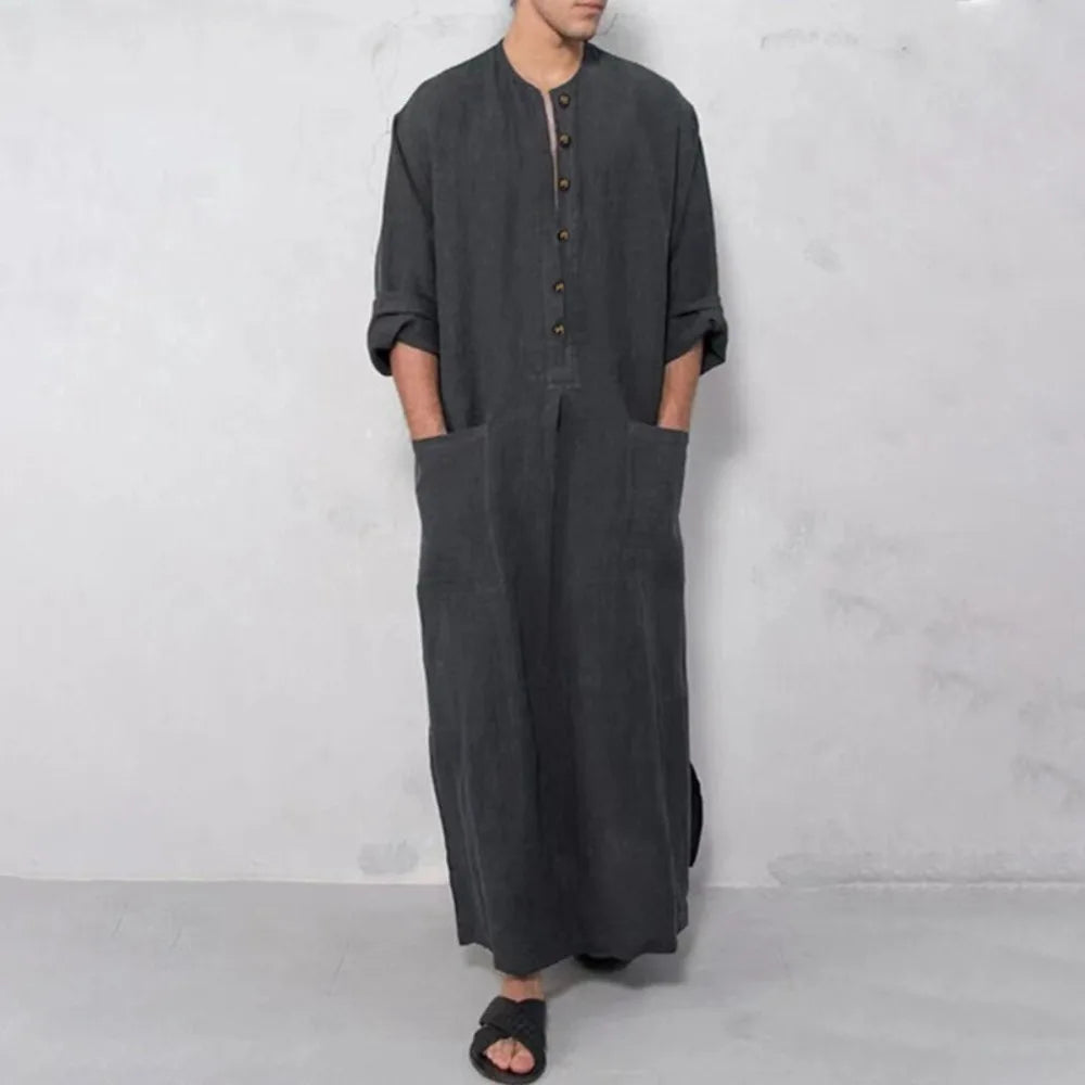 Dubai Style Loose Stand Collar Long Sleeve Thobe Traditional Islamic Casual Wear for Daily Use