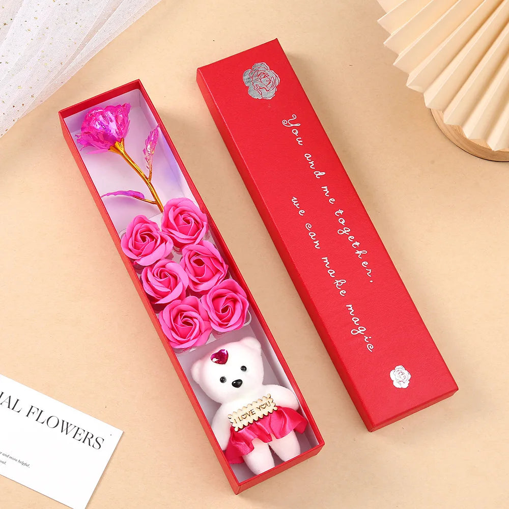 6Heads Flowers Soap Flower Gift Rose Box Valentines Day Gift Bears Bouquet Wedding Decoration Gift Festival Heart-shaped Box