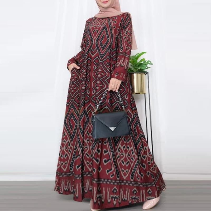 ZANZEA Elegant Maxi Dress Fashion Turkey Muslim Abaya Robe Femme Vintage Long Sleeve Kaftan Printed Vestidos IsIamic Clothing