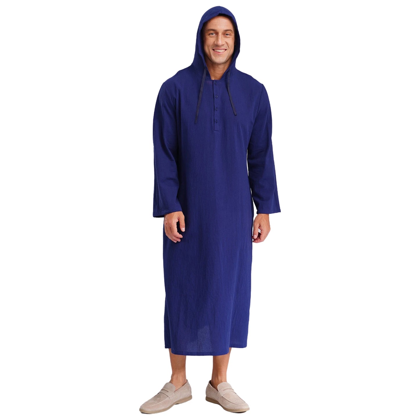 Mens Jubba Thobes Linen Muslim Robe Hooded with Pockets Middle East Islam Arabic Moroccan Kaftan Eid Prayer Long Robe Dress