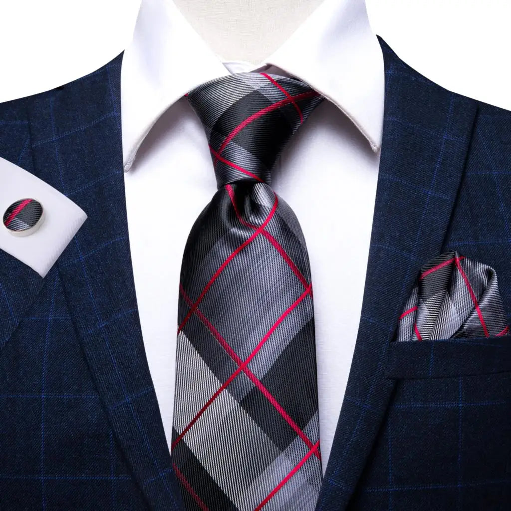 Hi-Tie Plaid Silk Tie For Men Elegant Mens Blue Grey Necktie Pocket Square Cufflink Groom Wedding Accessory Wholesale Designer