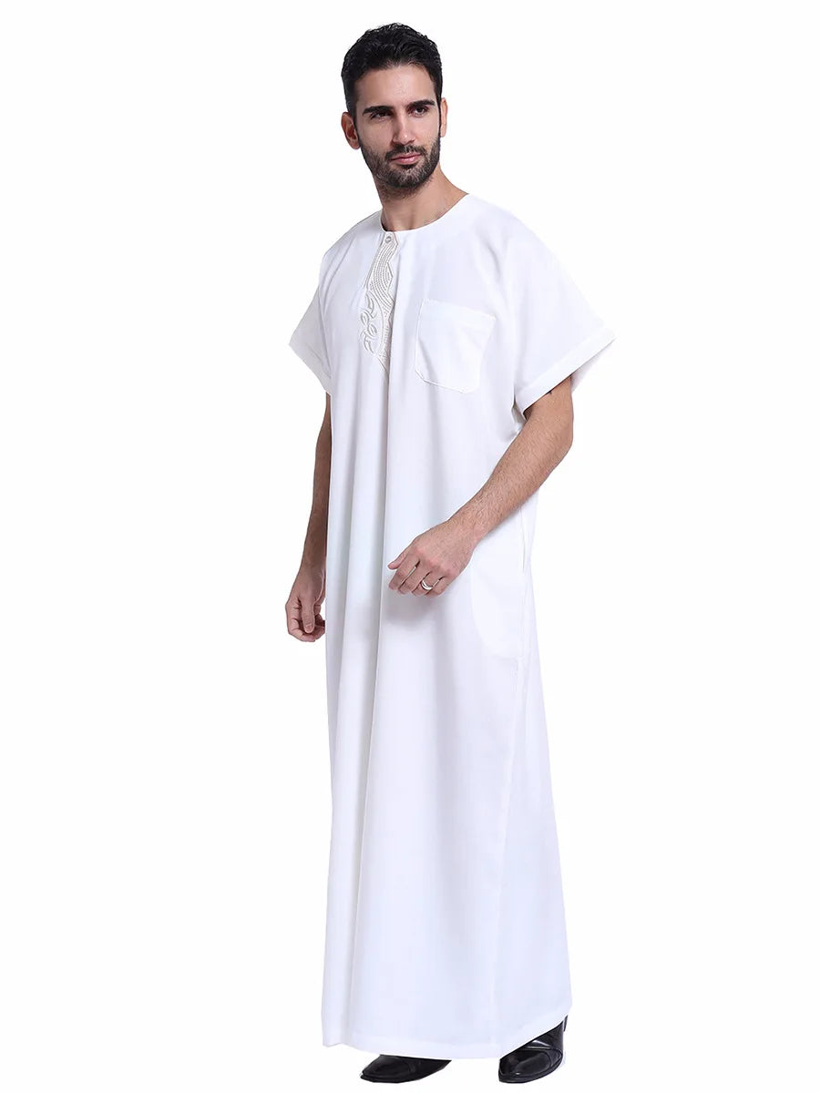 Muslim Kaftan for Men Round Collar Blue White Spring Elegant Robe Arab Vintage Long Sleeves Thobe Robe Turkey Embroidered