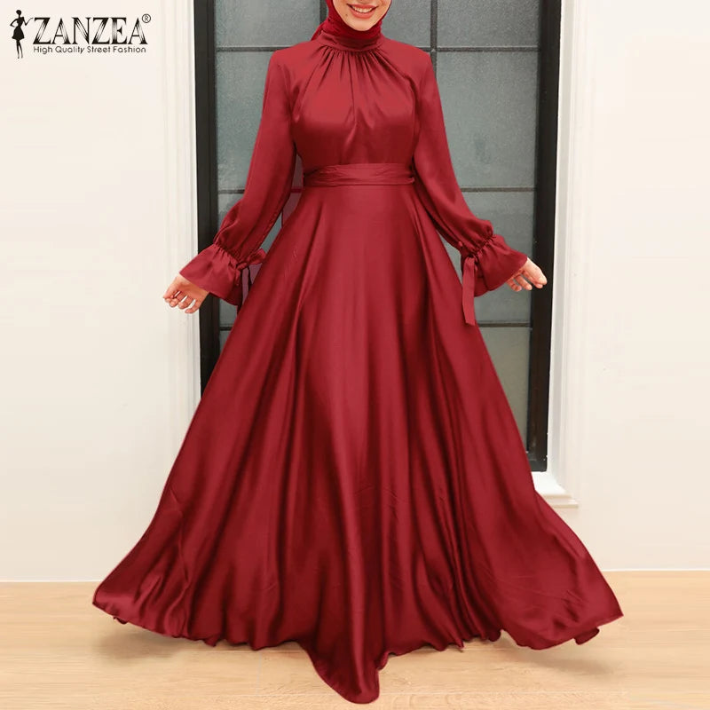 Elegant Muslim Dress Abaya Women Long Dress 2025 ZANZEA Long Sleeve Satin Party Sundress Robe Femme Turkey Hijab Vestidos Kaftan