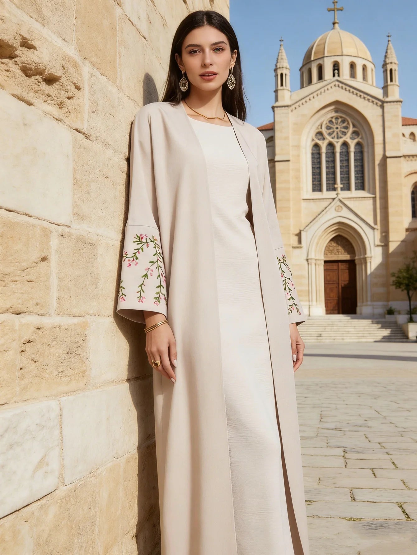 EID Ramadan Floral Embroidery Abaya Modest Clothing Dubai Abaya Turkey Linen Kimono Islamic Clothing