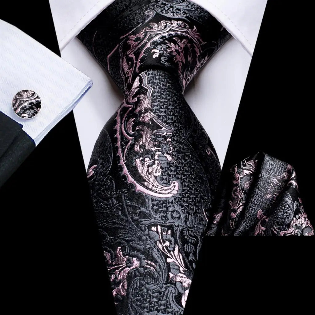 Hi-tie Design Black Solid Dot Silk Wedding Tie For Men Hanky Cufflink Gift Men Necktie Gravata Set Fashion Business Dropshipping