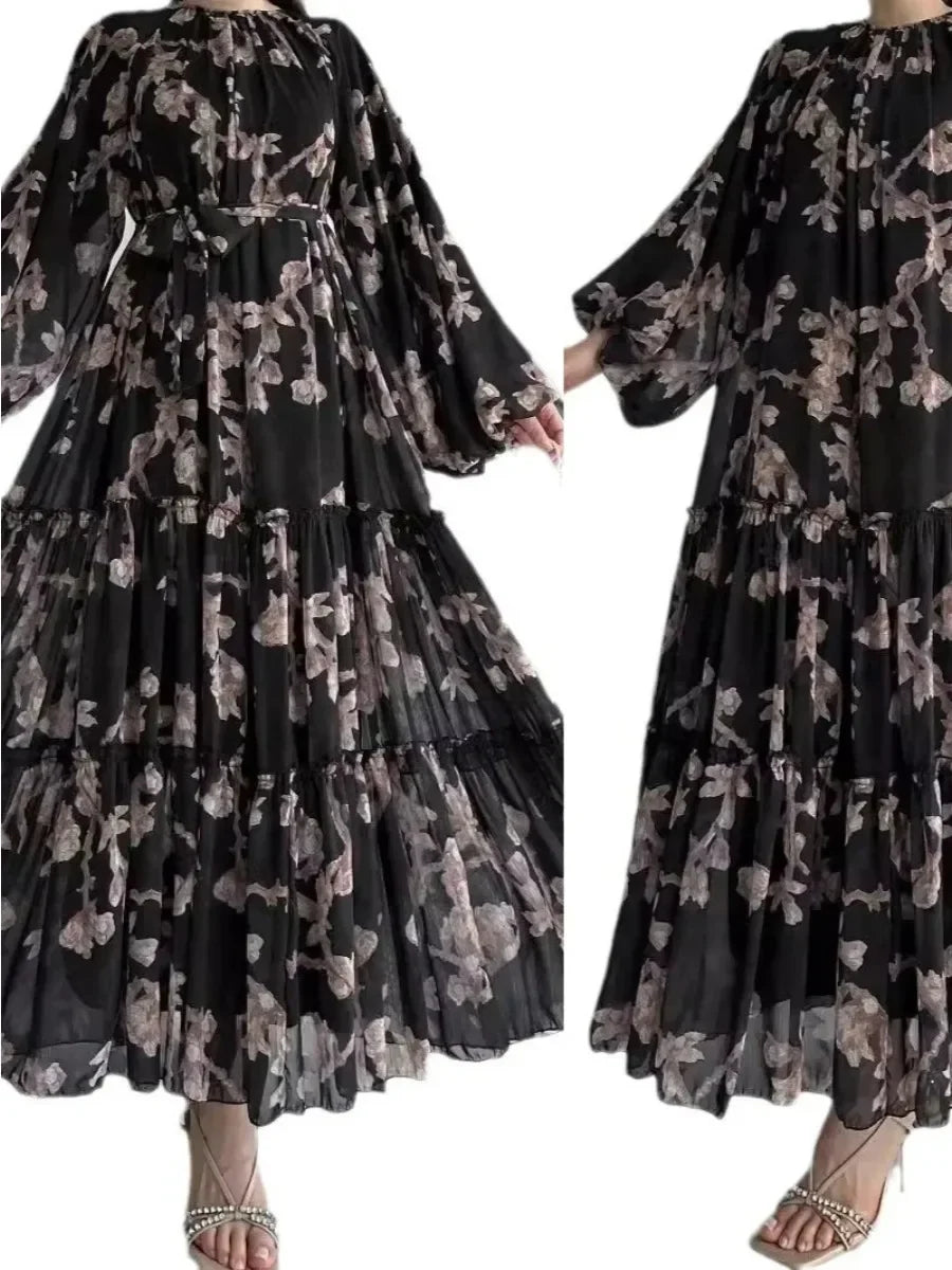 Eid Chiffon Women Dress Abaya Flower Print Muslim Vestidos Largo Dubai Kaftan Arab Long Robe Ramadan Morocco Dresses Jalabiya